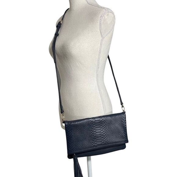 GIGI NEW YORK Navy Embossed Python Leather, Fold over clutch/ crossbody purse - Picture 3 of 9